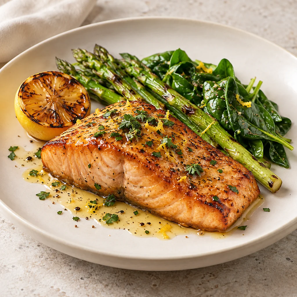 AI-generated sample food photograph of plated salmon in a bright modern style